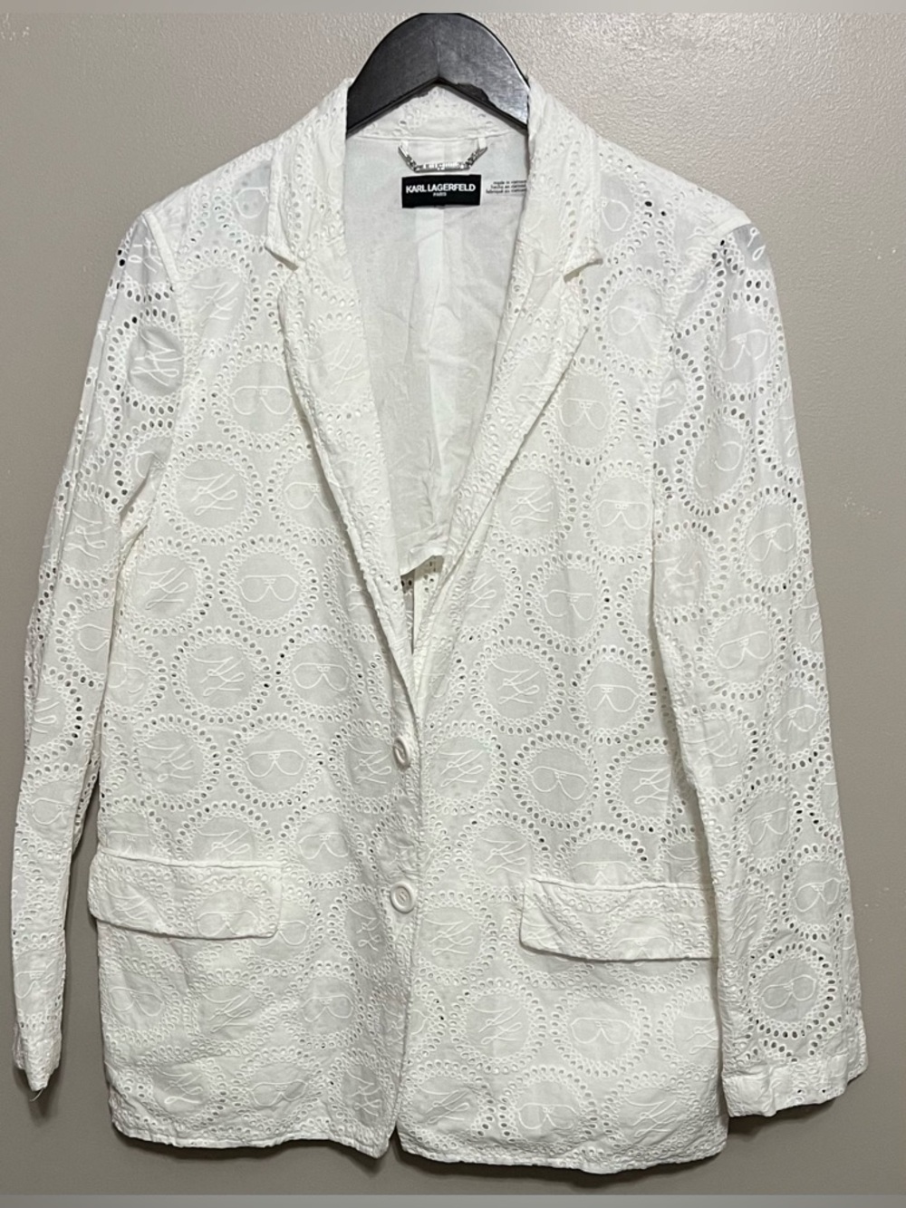 Karl Lagerfield White Eyelet Blazer LG and Glasses all over pattern Size Lg